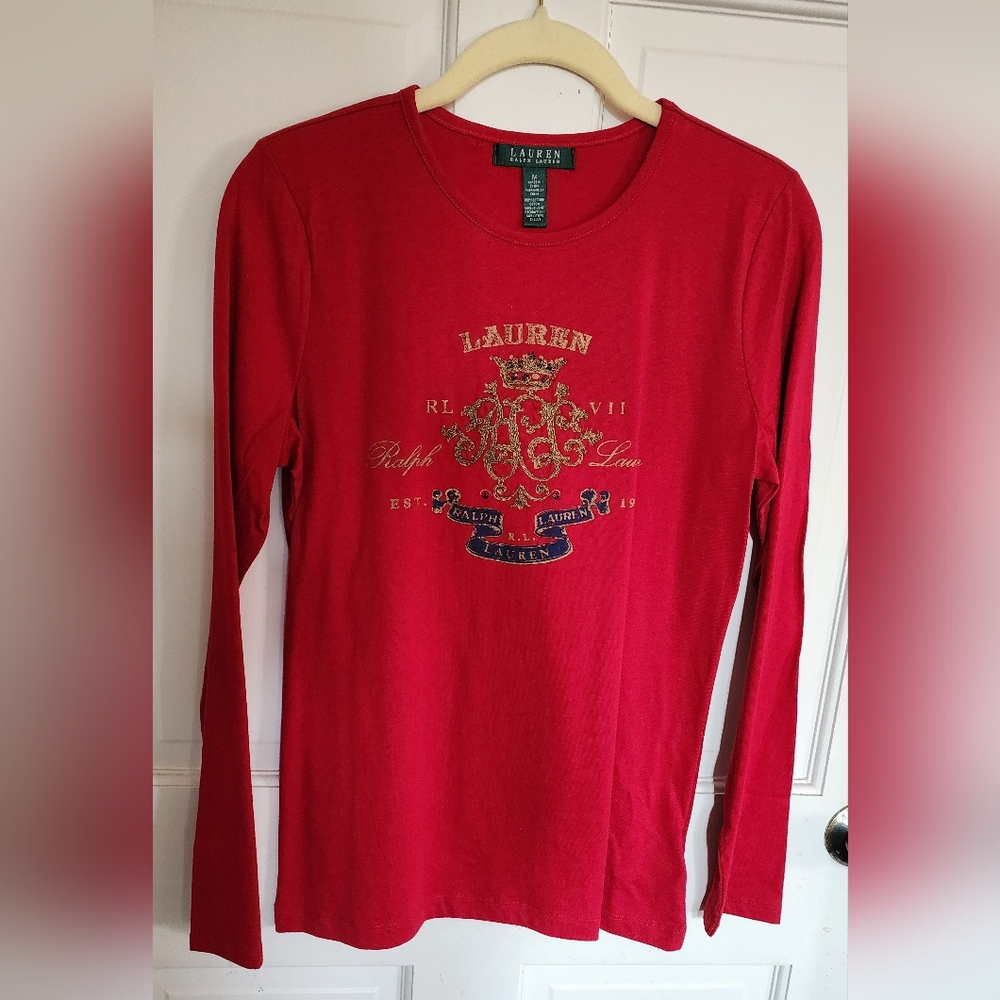 Lauren Ralph Lauren Womens  Red Cotton Knit Long Sleeve Tee Embellished. Sz Med